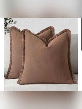 Brown Fringed Linen Decorative Throw Pillow Covers Set Of 2 Size 24x24